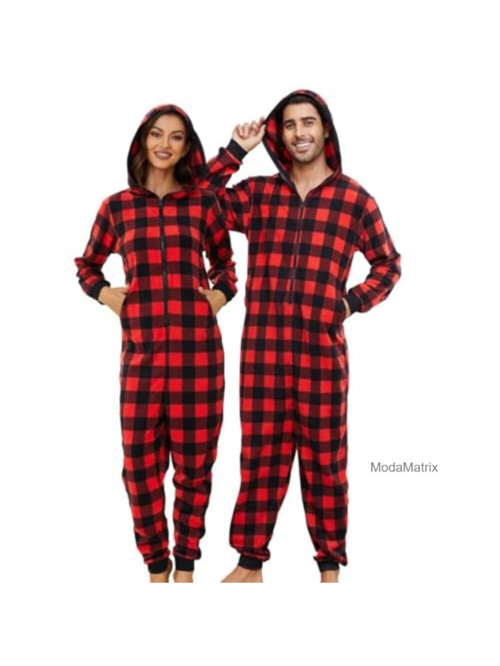 Hooded Onesie Pajama Set, Zipper Fleece Jumpsuit for Men Women, Christmas